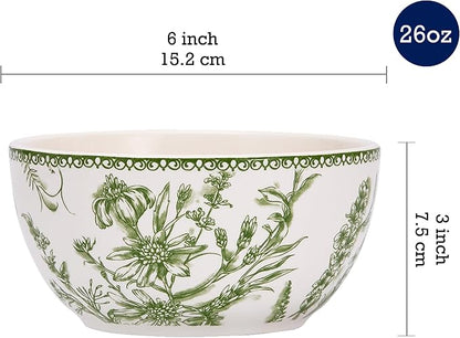 Bico Green Garden Toile De Jouy Cereal Bowls Set of 4, 26 oz Deep Ceramic Soup - Image 2
