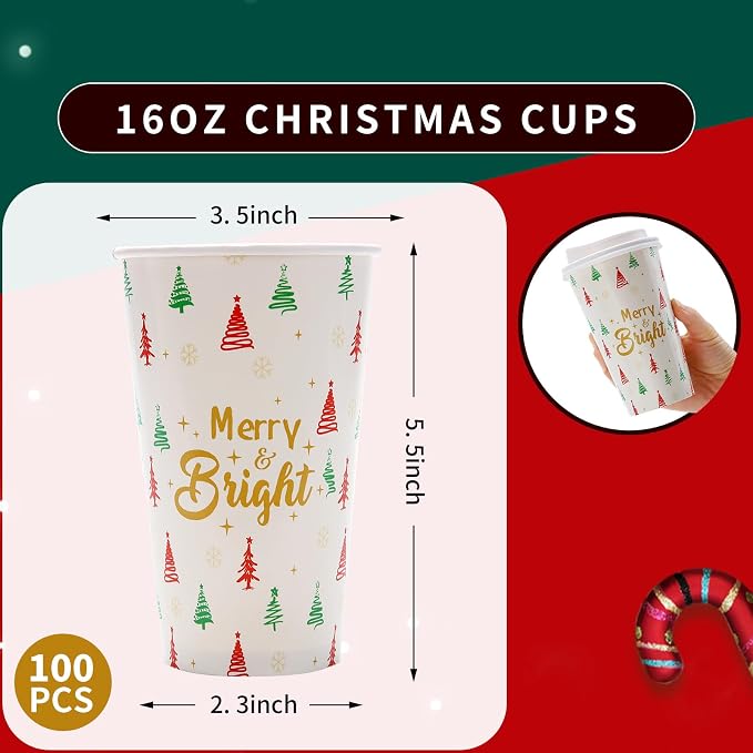 Tamone 100 PACK Christmas Cups 16OZ Disposable Coffee Cups - Image 2