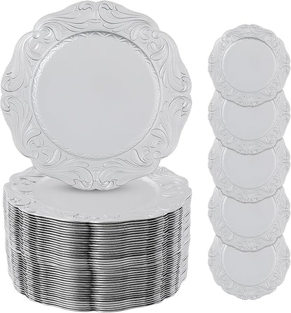 Charger Plates, 100pcs Silver 13inch Plastic Dinner Plate, Round Plastic Dinner Plate with Delicate Texture for Parties Wedding (Silver)