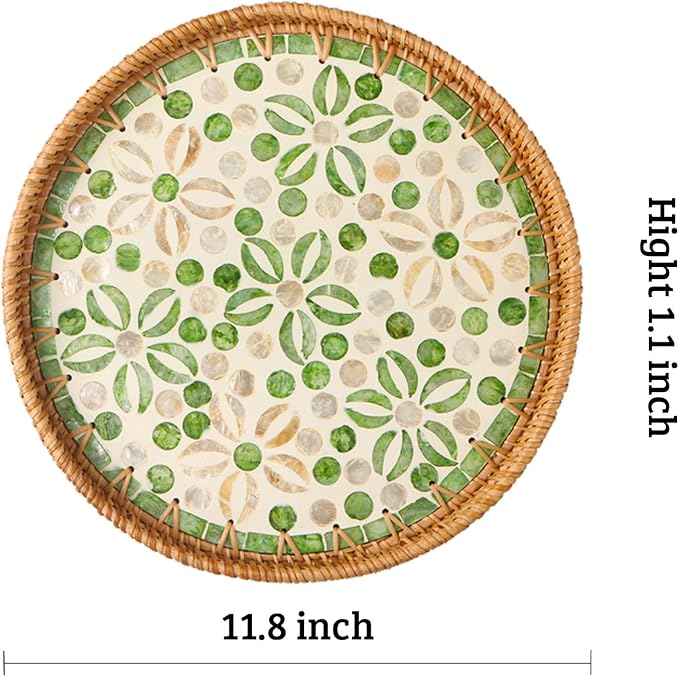 Round Rattan Tray with Mother of Pearl Inlay, Decorative Wicker Serving Tray - Image 3