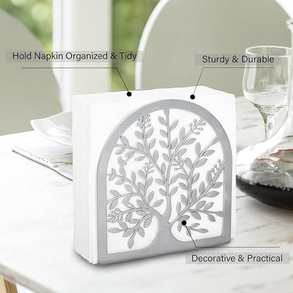 Napkin Holder for Tables, Tree of Life Design Modern Metal Napkin Holder for Home Kitchen & Picnic Party, Silver Grey