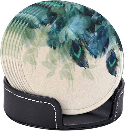 6 Pcs Peacock Feather Turquoise Bird Leather Coasters - Image 6