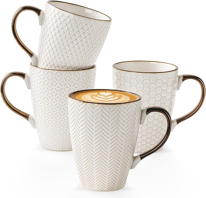 Embossed Ceramic Coffee Mugs Set of 4, 16 Oz | Ceramic Coffee Mug Set by Dinevoraceramics