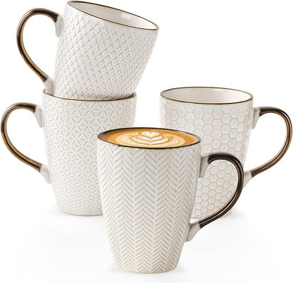 Embossed Ceramic Coffee Mugs Set of 4, 16 Oz | Ceramic Coffee Mug Set by Dinevoraceramics