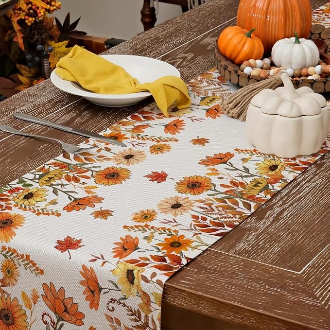 Fall Pumpkins and Sunflowers Table Runner 13x120 Inch, Maple Leaves Farmhouse - Image 4