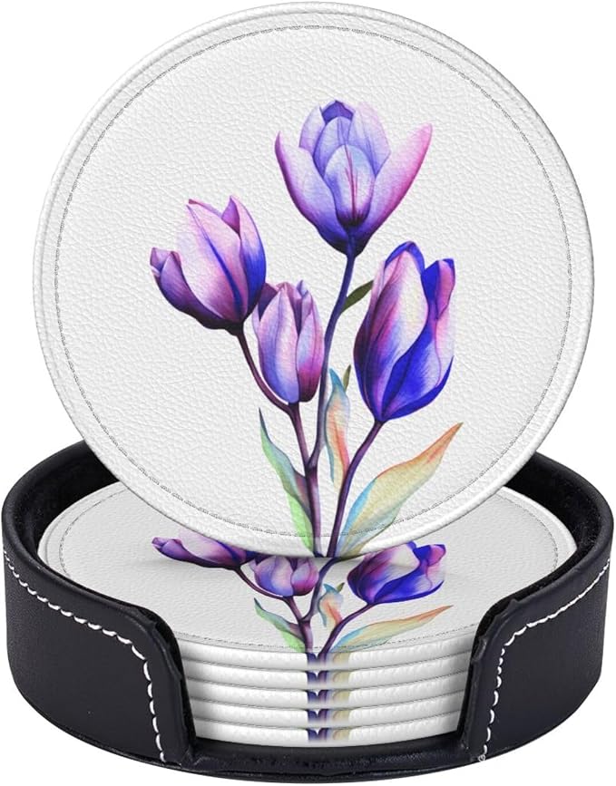 Purple Flower Tulip Leather Coasters Set of 6 - Image 2