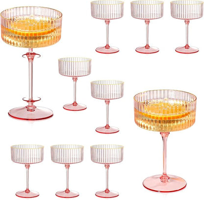 XUWAIDSGN 12 Pcs Champagne Martini Glasses 9 Oz with Gilded Removable Gold Rim Coupe Glasses Pink Martini Glasses Plastic Mimosa Vintage Coupe Glasses Set For Wedding Anniversary (12, Ribbed Pink)