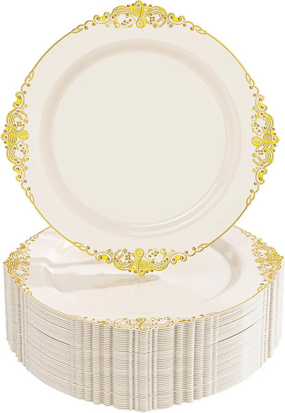 Nervure 100PCS Ivory Plastic Plates - 10.25inch Ivory and Gold Disposable Plates - Heavyweight Dinner Plate for Wedding & Party