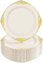 Nervure 100PCS Ivory Plastic Plates - 10.25inch Ivory and Gold Disposable Plates - Heavyweight Dinner Plate for Wedding & Party