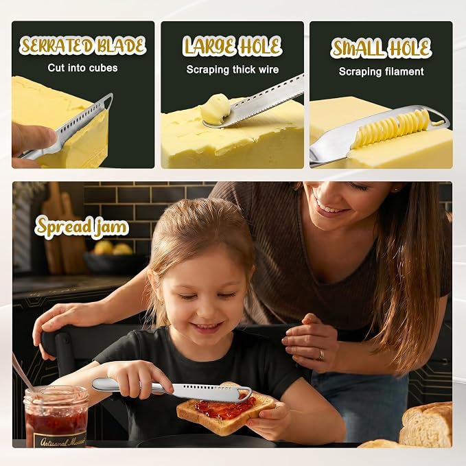 2 Pack Stainless Steel Butter Knife Set - 3 in 1 Butter Spreader Knife - Image 3