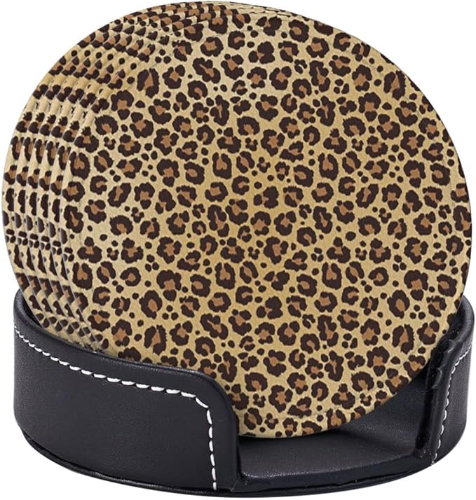 6 Pcs Animal Leopard Cheetah Print Brown Leather Coasters - Image 3