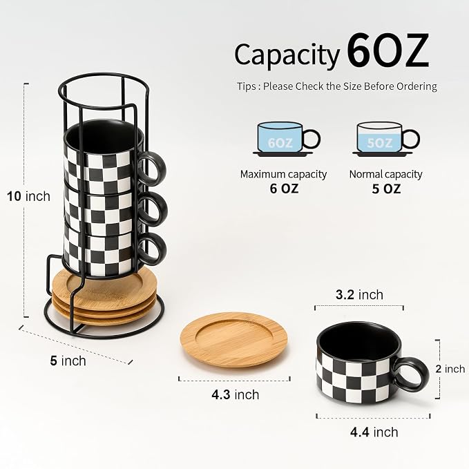 LUKA 6 Ounce Ceramic Stackable Black and White Checkered Espresso Cups - Image 2