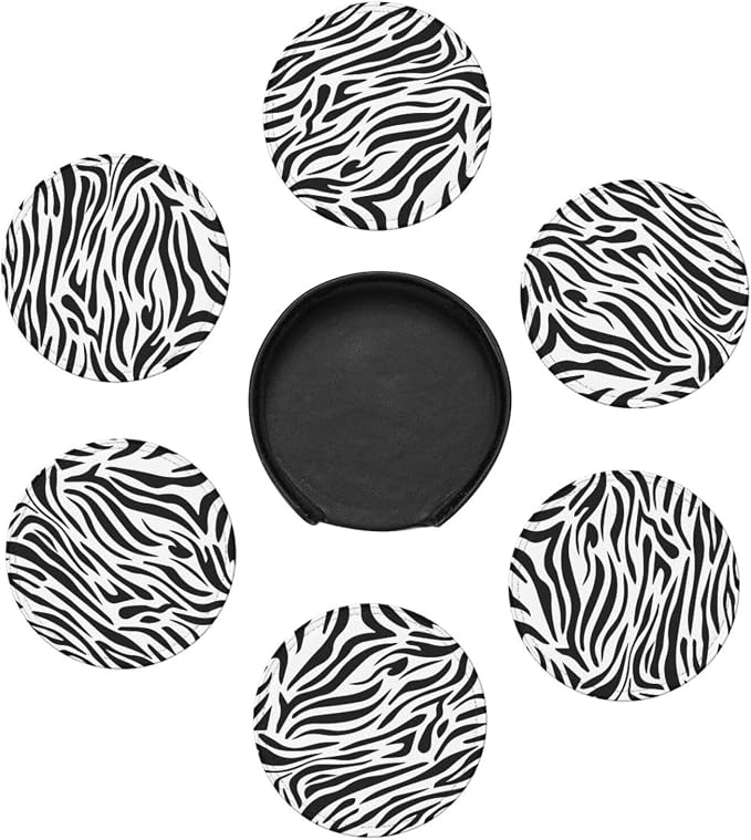 Drink Coasters with Holder Stand Set of 6, Zebra Stripes Print Pu Leather - Image 5