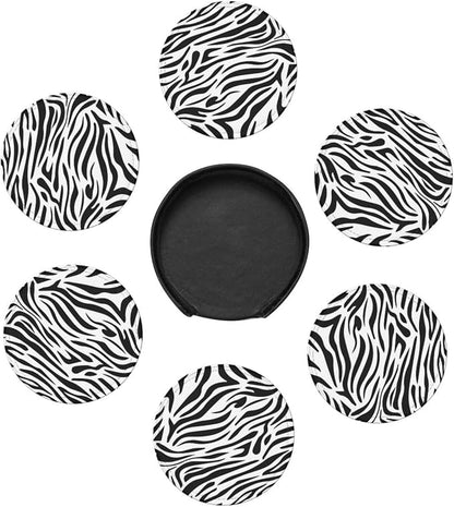 Drink Coasters with Holder Stand Set of 6, Zebra Stripes Print Pu Leather - Image 5