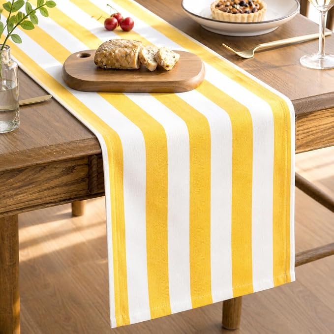 Folkulture Fall Table Runner 72 Inches Long|Yellow & White Vertical Striped | by FOLKULTURE