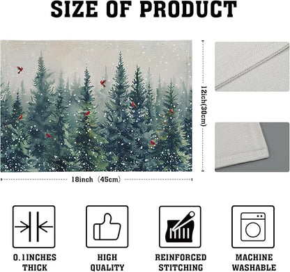 Giwawa Winter Pine Trees Placemats Set of 4 Watercolor Christmas Forest Red Birds Linen Table Mat 12"x18" Xmas Snowy Tree Decorative Seasonal Washable Place Mats for Kitchen Dining Holiday