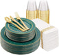 FLOWERCAT 175PCS Marrs Green Plastic Plates with Gold Rim&Christmas Plates&Green and Gold plastic Plates&Gold Plastic Silverware - Ideal for Wedding,Spring Party,St. Patrick's Day