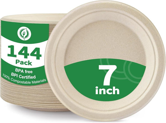 100% Compostable 7 Inch Paper Plates [144-Pack] - Biodegradable Sugarcane Bagasse Dessert Plates for Cake, Appetizers, Salads | Heavy Duty Disposable Plates for Kids Birthday & Holiday Party Supplies