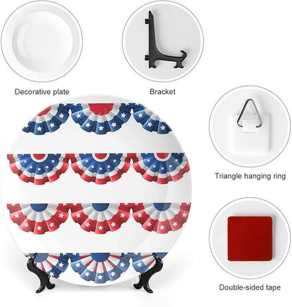 Ceramic Display Plate, American Flag Decor Ceramic Hanging Decorative Plate, Flag Round Bunting Election Ornament Pattern, 8 Inch, Household Custom Ceramic Plate, Blue Red