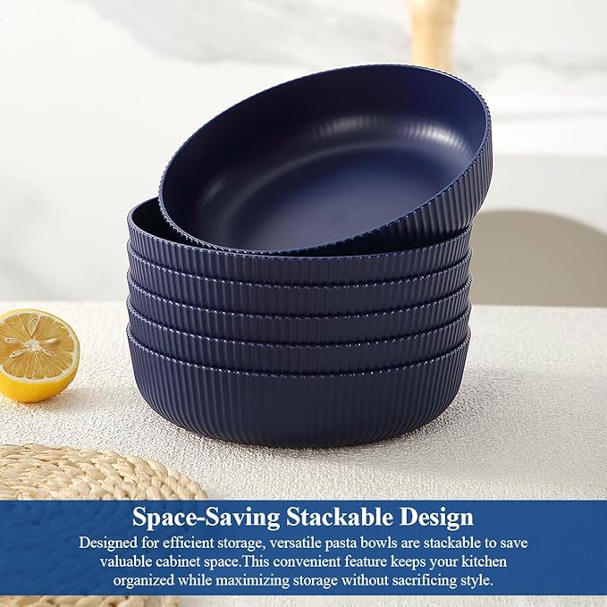 HOMQUEN Pasta Bowls Set of 6, 37oz Salad Bowls Blue Soup Bowls, Large Pasta - Image 6