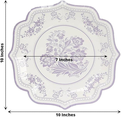 50 Pack 10" White Lavender Lilac French Toile Dinner Plates, Disposable Round Paper Party Plates 300 GSM for Festive Table Decoration