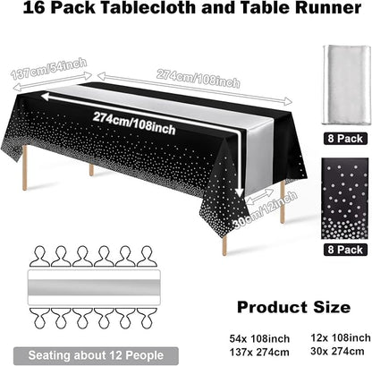 16Pack Disposable Plastic Tablecloths and Satin Table Runner Set Black and - Image 2