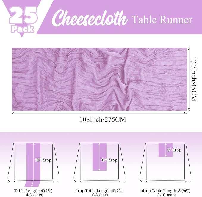 25 Pack Lavender Table Runner 17 x 108inch Cheesecloth Table Runner Boho Gauze - Image 2
