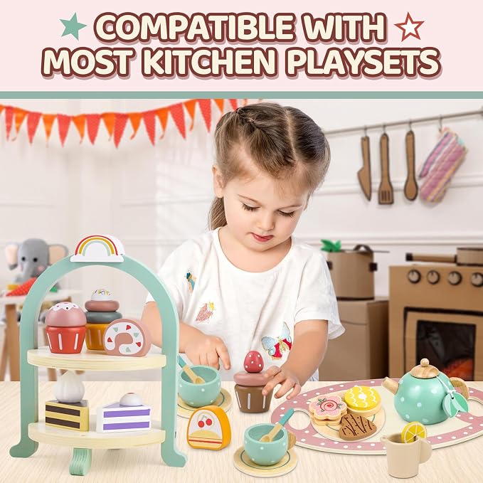 Wooden Cake Toys Tea Party Set Desserts Food Toy - Image 5
