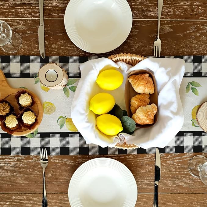 Black Buffalo Check Summer Table Runner 13 x 36 Inch, Lemon Vase Spring - Image 5