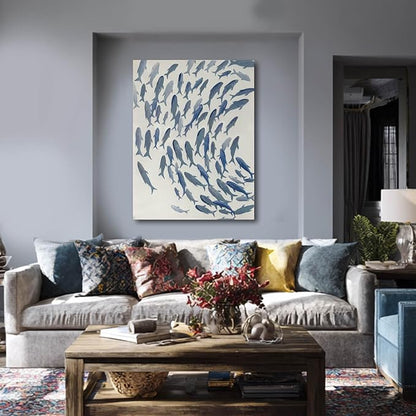 CHUDANHAO Blue and White Wall Decor Animal Decorative Paintings Fish Canvas Wall Art 30"x40" Office Decorations Artwork for Bedroom