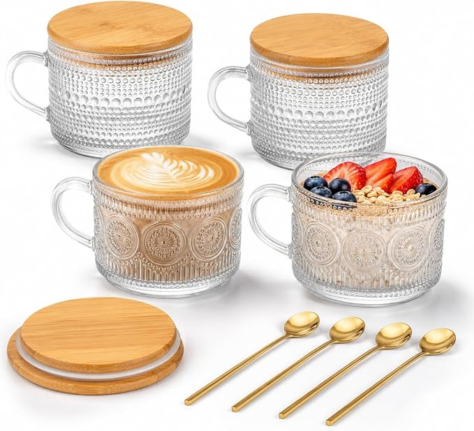 Semderm Vintage Glass Coffee Mugs Set of 4, Overnight Oats Containers - 14oz by Semderm