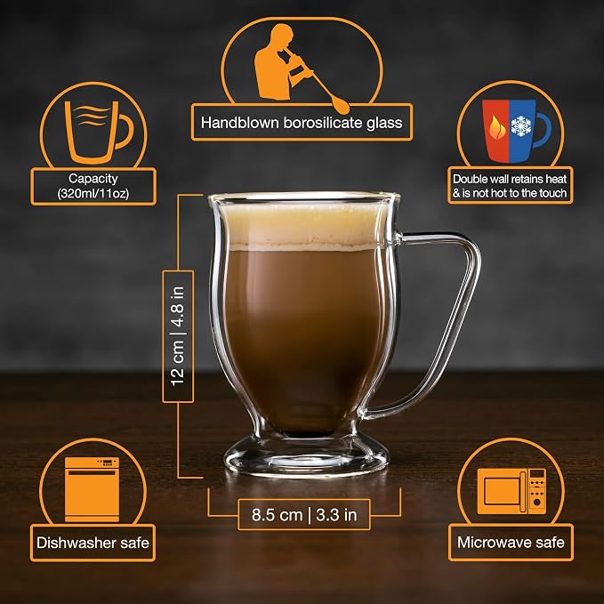 Kitchen Kite Double Wall Glass Coffee Mugs 11oz Set of 4, Insulated - Image 4