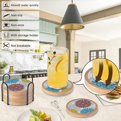 Wood Coasters Set of 6 with Holder, Cewiru Cup Mat - Image 2