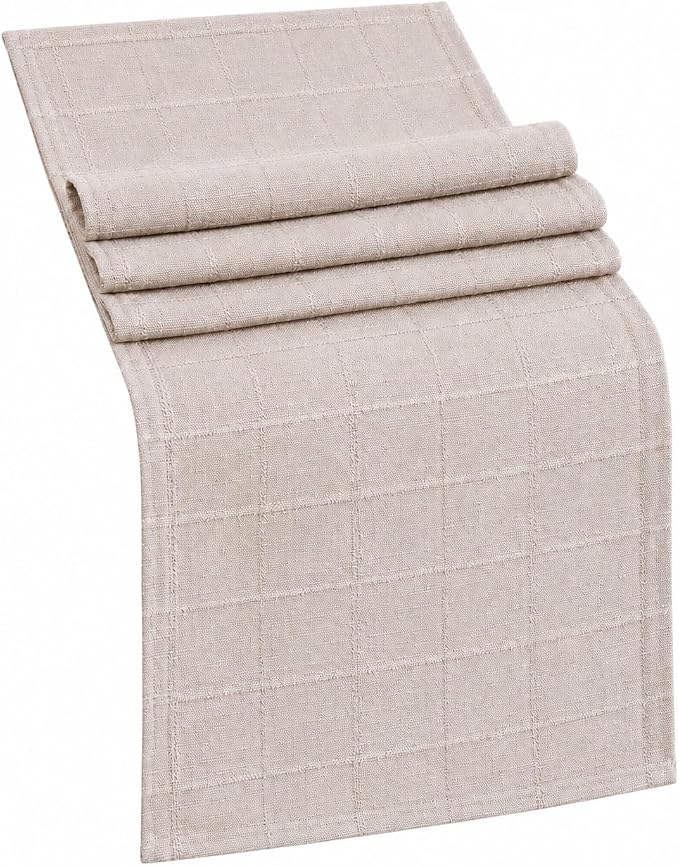 Plaid Table Runner, Woven Grid Pattern, Linen Texture Elegant Dining Table Decor by Raedan