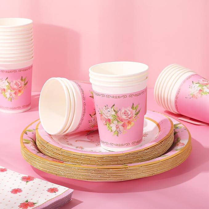 Whaline Pink Tea Party Tableware Supplies Serves 24 Pink Floral Tea Party - Image 4