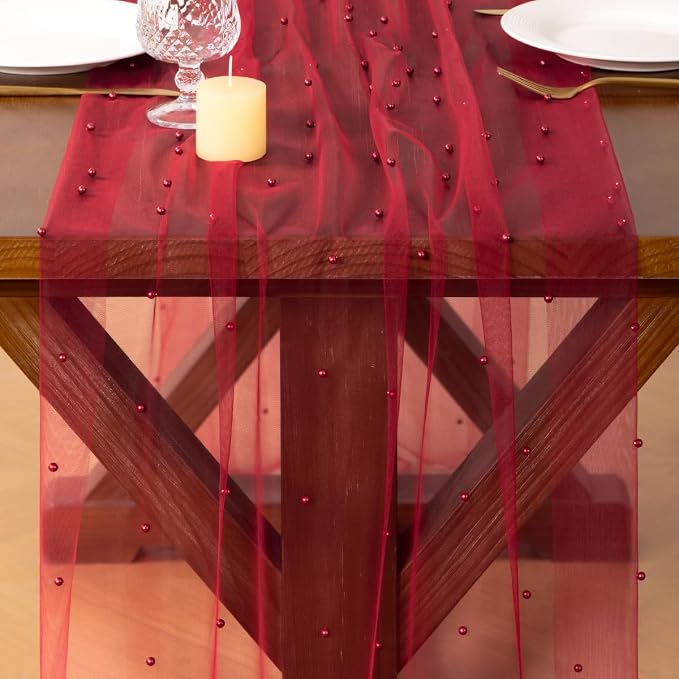 Pearl Table Runner Summer Tulle Gauze Sheer Wedding Party Home Decor | Red - Image 2