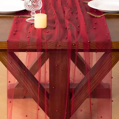 Pearl Table Runner Summer Tulle Gauze Sheer Wedding Party Home Decor | Red - Image 2