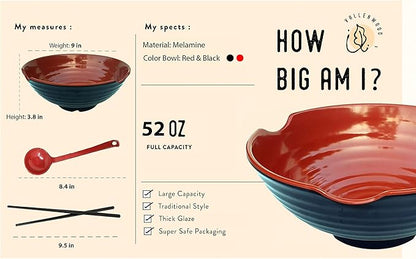 4 XL Ramen bowl set. 12 Pieces Pho Bowls. Asian Japanese soup. Utensil: Spoons and Chopsticks kit. Melamine, Large 52 oz. Noodles, Rice, Udon, Thai, Chinese, Korean, Udon, Wonton, Miso, 9 inch