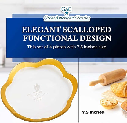 GAC Scalloped Tempered Glass Dessert Plates and Platters - Elegant Dinnerware & Decorative Plates with Gold Trim, Ideal for Serving Food, Special Occasions, and Presents - Set of 4, 7.5 Inch