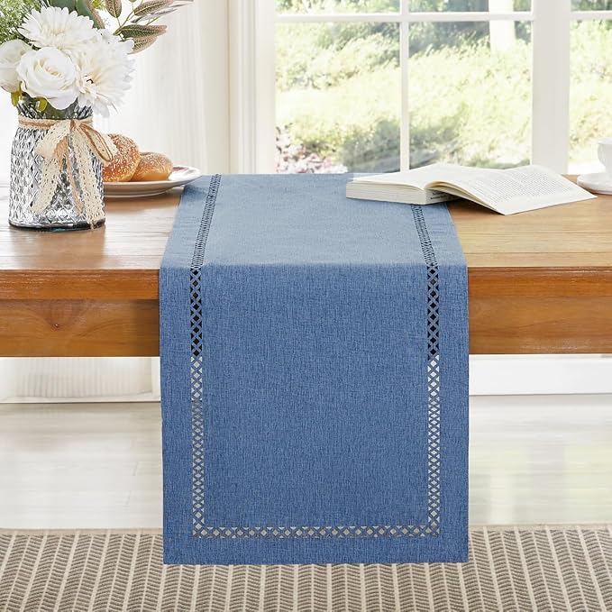 Rustic Burlap Table Runner, Machine Washable, Thick Textured Lattice Cutwork - Image 7