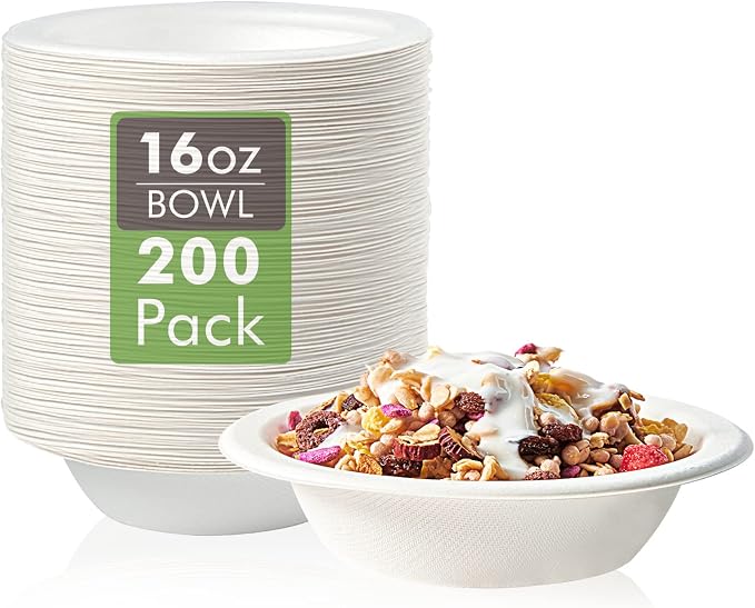 Vplus 200 Pack 16 OZ Compostable Paper Bowls, Bagasse Bowls，White | Disposable by Vplus