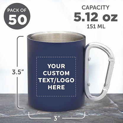 Custom Stainless Steel Mugs with Carabiner Handle 10 oz. Set of 50, Personalized Bulk Pack - Perfect for Coffee, Soda, Other Hot & Cold Beverages - Navy Blue