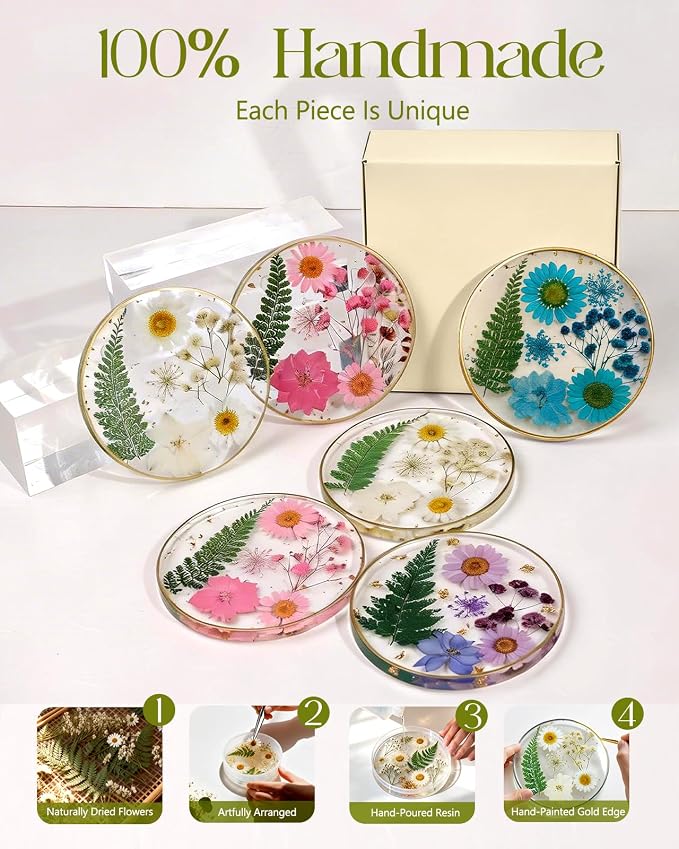 Oqplog Resin Drink Coasters for Desk Coffee Table-Cute Dried Flowers Round - Image 7