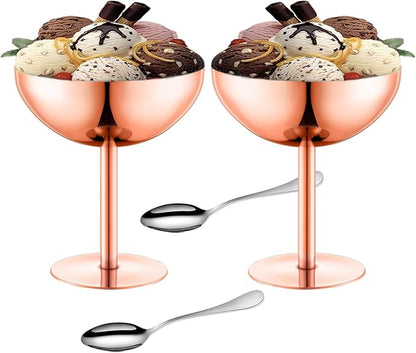 Ice Cream Bowls Stainless Steel Dessert Cups with Spoons Reusable Footed Sundae Cups Ice Cream Cups for Dessert, Frozen Yogurt, Gelato, Birthday Party Decorations (2, Rose glod)