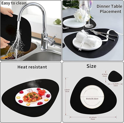 Black Placemats Set of 2, Faux Leather Placemats, Valentines Day Table Mats Set of 2, Wipeable Washable Placemat for Round Table, Mats for Kitchen Dining Patio Heat Resist Easy to Clean