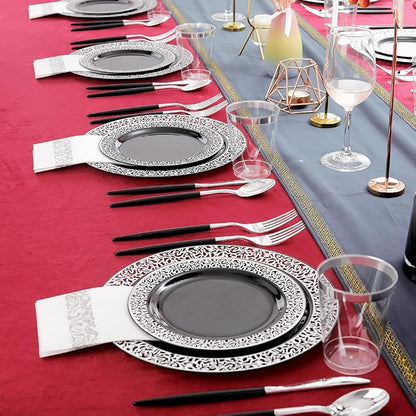 LIYH 350Pcs Black Silver Lace Plastic Plates Dinnerware Set - Image 8