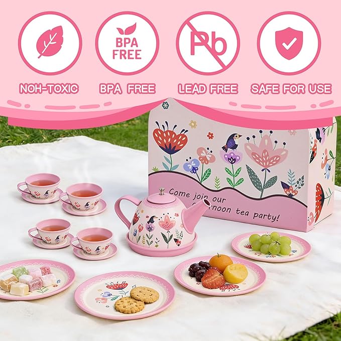 Tea Party Set for Little Girls, Pretend Tin Teapot Set - Image 4