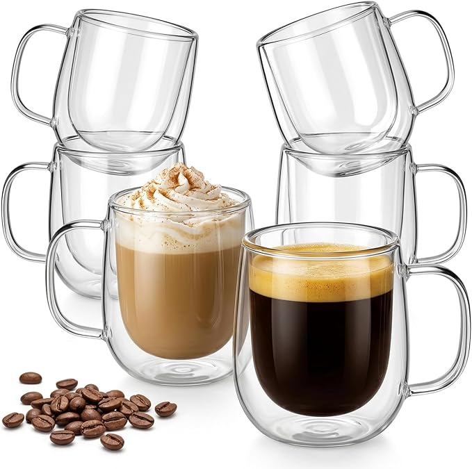 6 Pack Double Wall Glass Mugs 12 oz, Insulated Clear Coffee Cups by Unknown