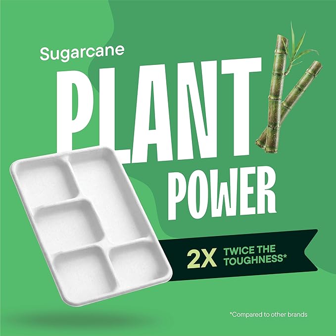 100% Compostable, Large 5 Compartment, Disposable Tray [100-Pack] - [12.5 Inch] Heavy Duty Biodegradable Bagasse Sectional Lunch Trays + Dividers - Divided Platter - (PFAS Free) (BPA Certified)