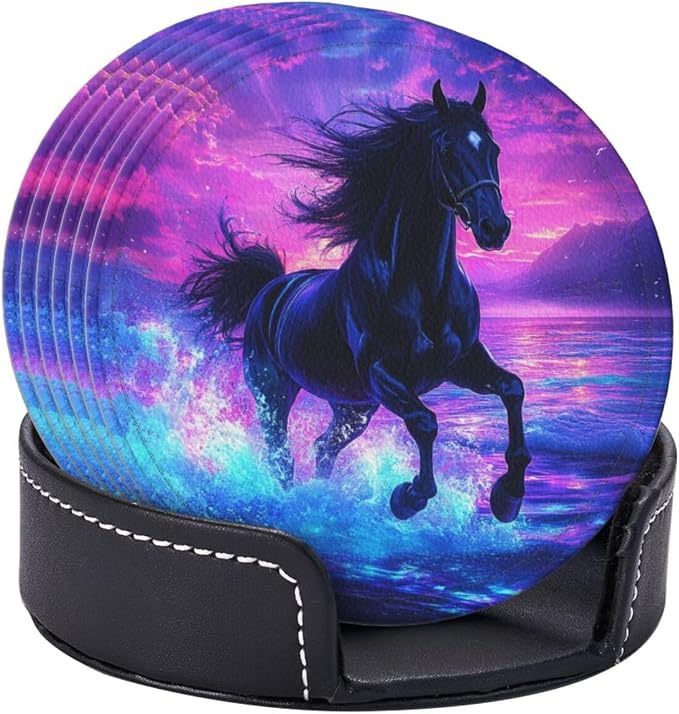 Horse Coasters for Drinks Set of 6, Round Leather Coaster - Image 8